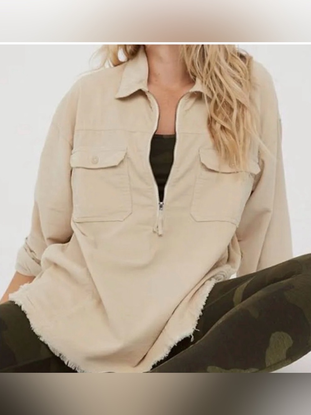 Aerie OFFLINE Tan Quarter-Zip Utility Shacket Raw Hem Size L Gorpcore Outdoor